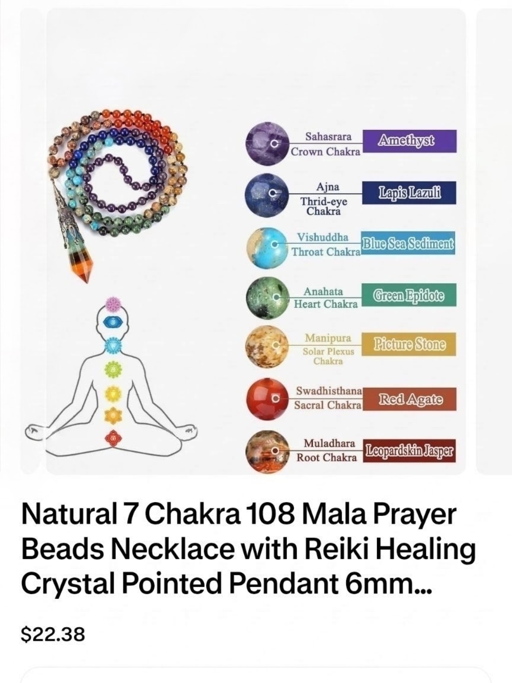 Jovivi 108 Mala Beads Bracelet Real Stones 7 Chakra Healing Crystals Necklace